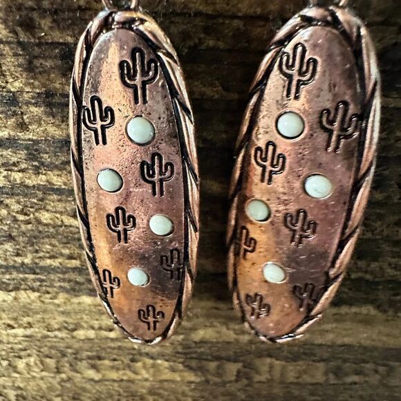 Boho Hippie Cowgirl Western Stamped Stone Copper Earrings - Cactus Thunderbolt - Picture 2 of 7